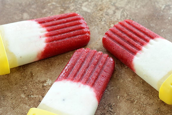 Strawberry, Lime and Yogurt Popsicles are red, white and lemon!