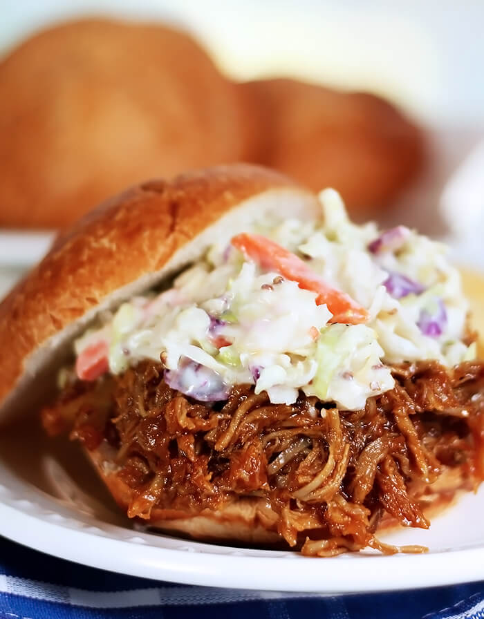 Pulled Pork Sandwich with Apricot Barbecue Sauce and Coleslaw