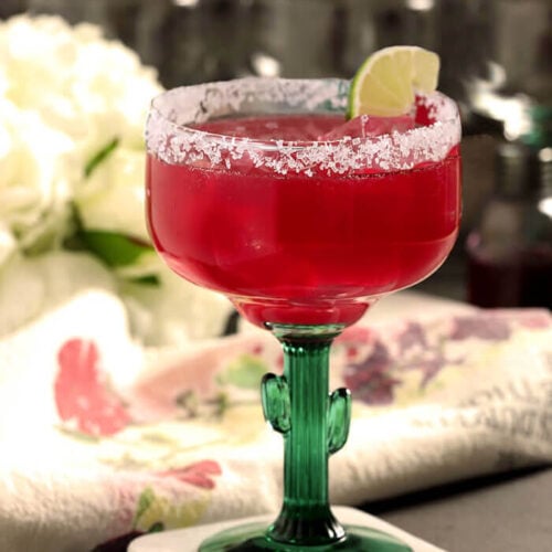 Prickly Pear Cactus Margarita in a Margarita Glass with a Cactus Stem