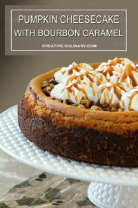 Pumpkin Cheesecake with Walnuts and Bourbon Caramel Sauce and Walnuts on a Tiffany Cake Stand