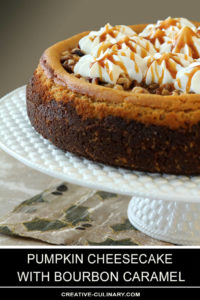 Pumpkin Cheesecake with Walnuts and Bourbon Caramel Sauce and Walnuts on a Tiffany Cake Stand