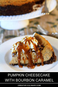 Slice of Pumpkin Cheesecake with Toasted Walnuts and Bourbon Caramel Sauce on a Round White Plate