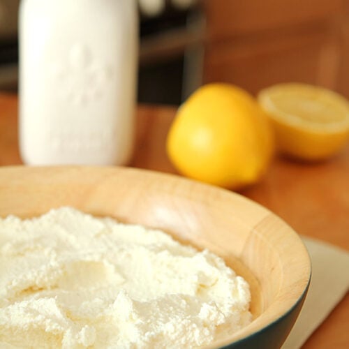 Homemade Ricotta in Wooden Bowl