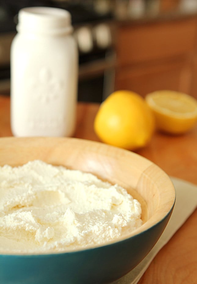 Homemade Ricotta in Wooden Bowl