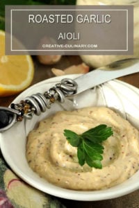 Roasted Garlic Aioli in Dressing Dish with Decorated Knife