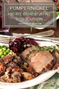 Pumpernickel and Rye Dressing with Pecans and Bourbon Served on a White Plate with Peas, Cranberry Sauce, and Lamb Garnished with Thyme