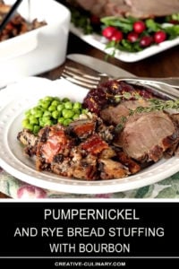 Pumpernickel and Rye Dressing with Pecans and Bourbon Served on a White Plate with Lamb, Peas, and Cranberry Sauce