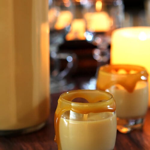 Salted Caramel Cream Liqueur in Liqueur Glasses with a Caramel Rim