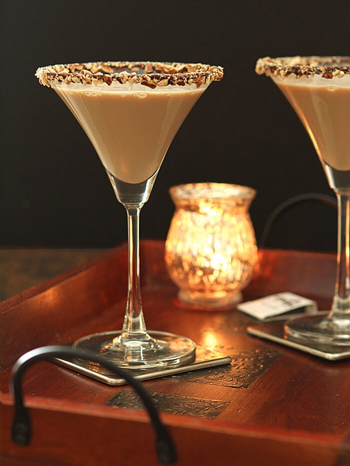 Salted Caramel Espresso Martini Cocktail with a Chocolate and Pretzel Rim