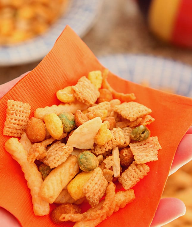 Sriracha Crunch Chex Mix On Orange Napkin