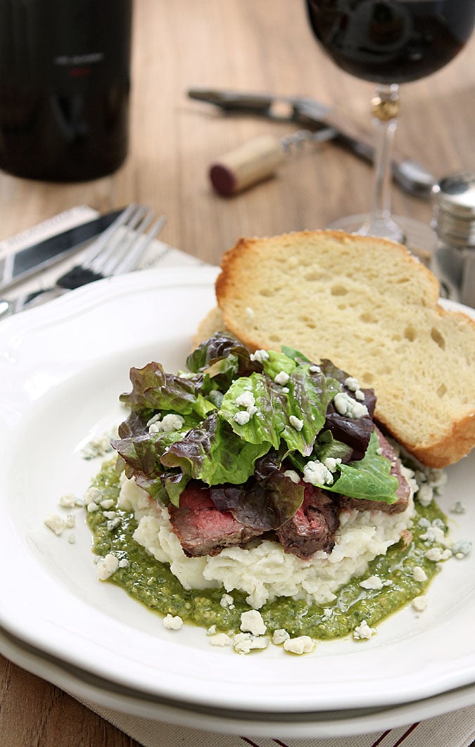 Steak Salad with Mashed Potatoes, Pesto and Gorgonzola Cheese