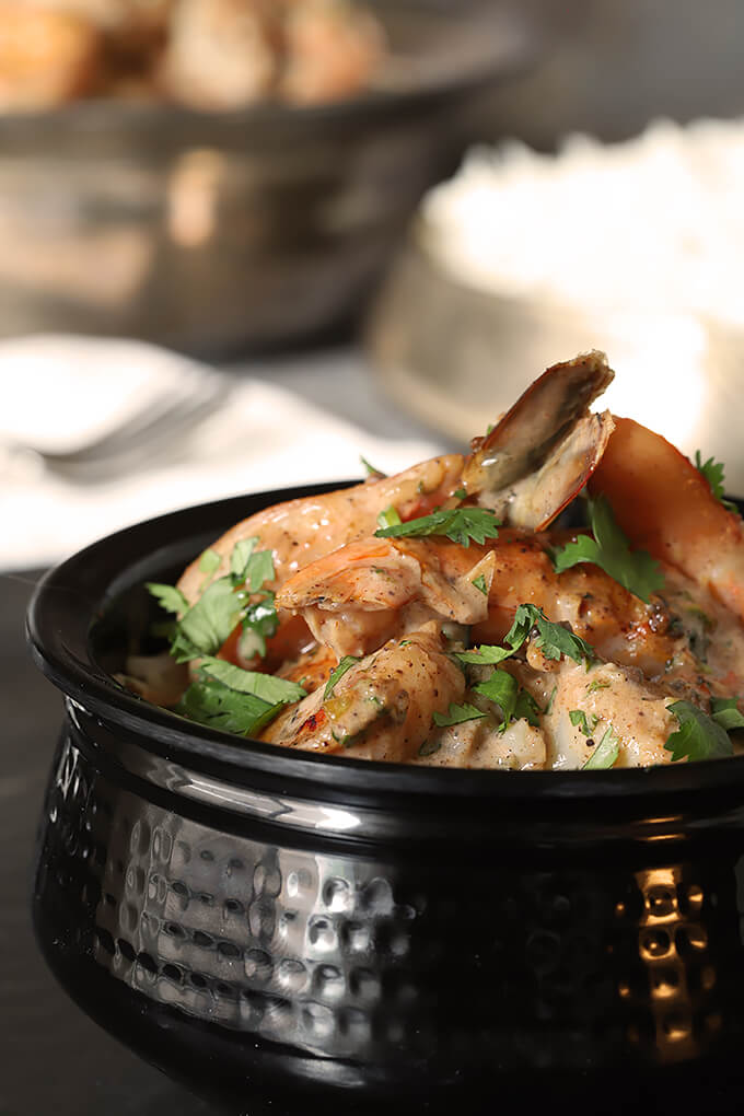 Indian Stir Fried Shrimp in Tomato Cream Sauce in Bowl