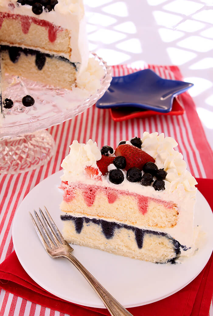 Fresh Strawberry & Blueberry Poke Cake with Real Fruit Syrups and Whipped Cream