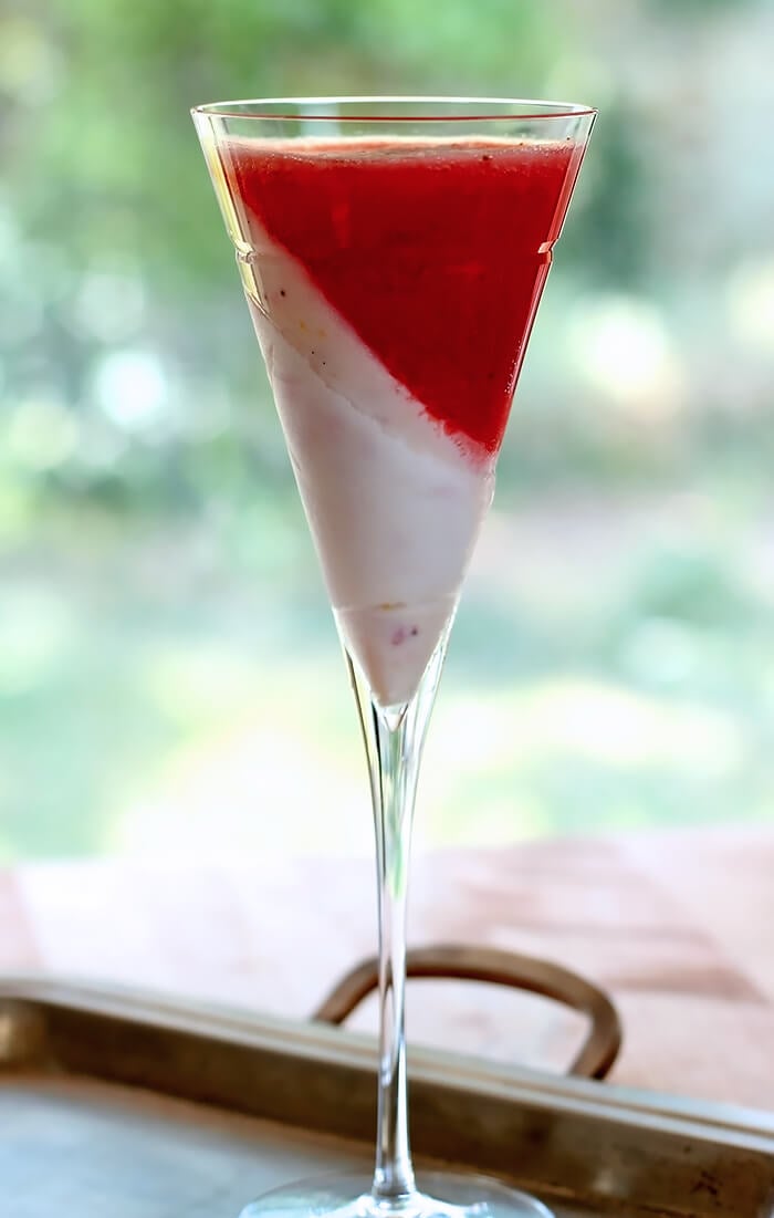 Strawberry Gelato Ricotta Fizz in a Champagne Glasse