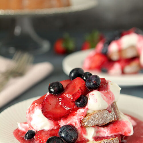 Red. White and Blue Shortcake with Strawberries, Blueberries and Lemon Pound Cake