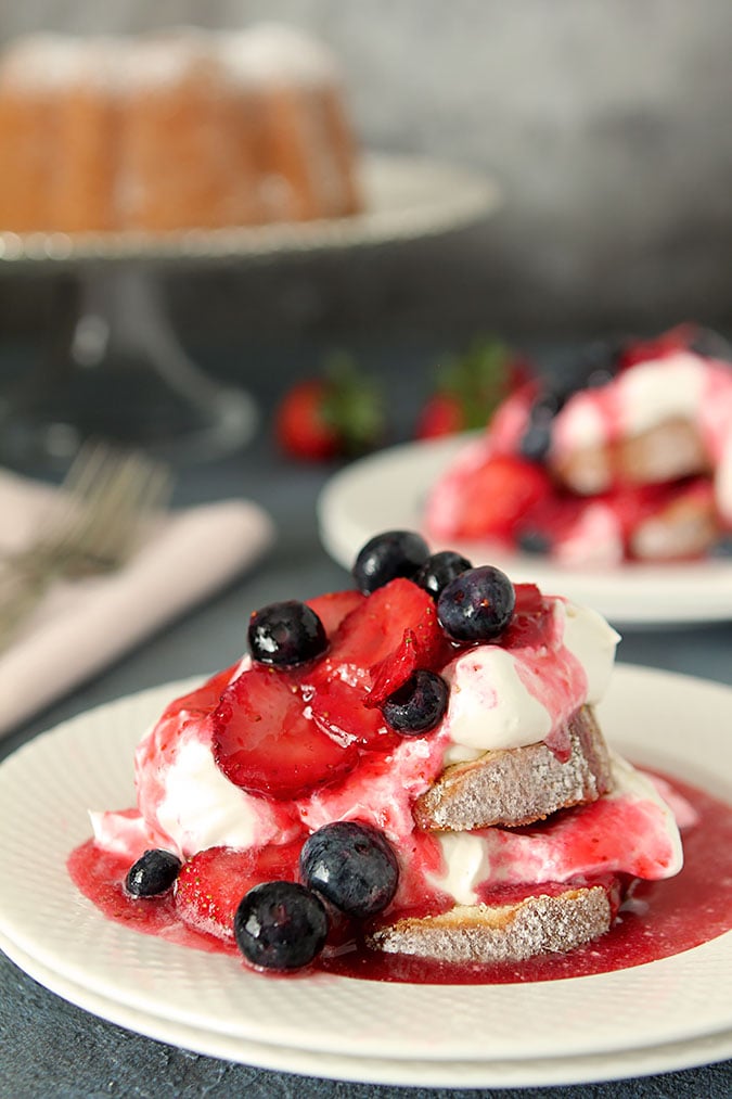 Red. White and Blue Shortcake with Strawberries, Blueberries and Lemon Pound Cake