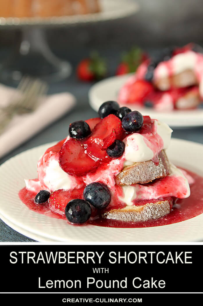 Strawberry Shortcake Made with Lemon Pound Cake Served on a White Plate