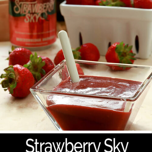 Strawberry Sky Salad Dressing in a Glass Serving Container with Can of Strawberry Sky Beer PIN