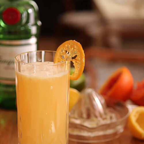 Sweet Citrus Fizz on a Table with Gin and Oranges