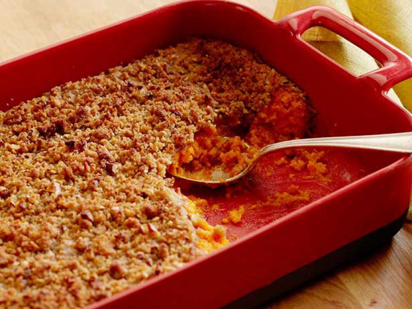 Sweet Potato Souffle Casserole in a Red Casserole Dish