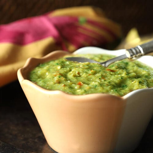 Tomatillo Salsa Verde (Green Salsa) in a Peach and White Bowl