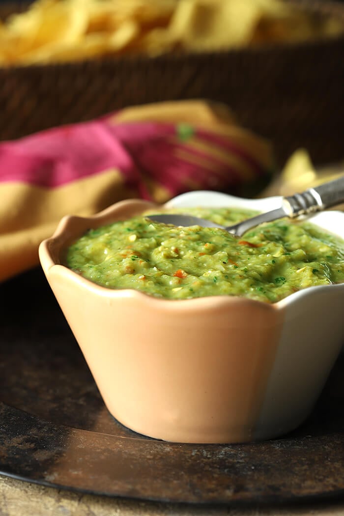 Tomatillo Salsa Verde (Green Salsa) in a Peach and White Bowl