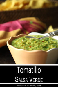 Tomatillo Salsa Verde (Green Salsa) in a Peach and White Bowl