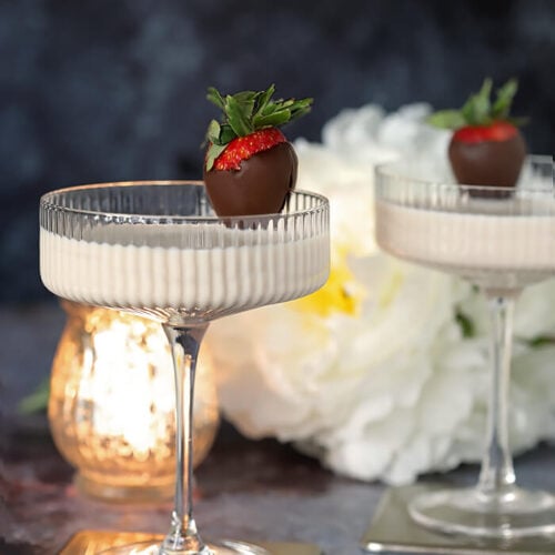 Disaranno Velvet White Espresso Martini Cocktail Garnished with Chocolate Covered Strawberry