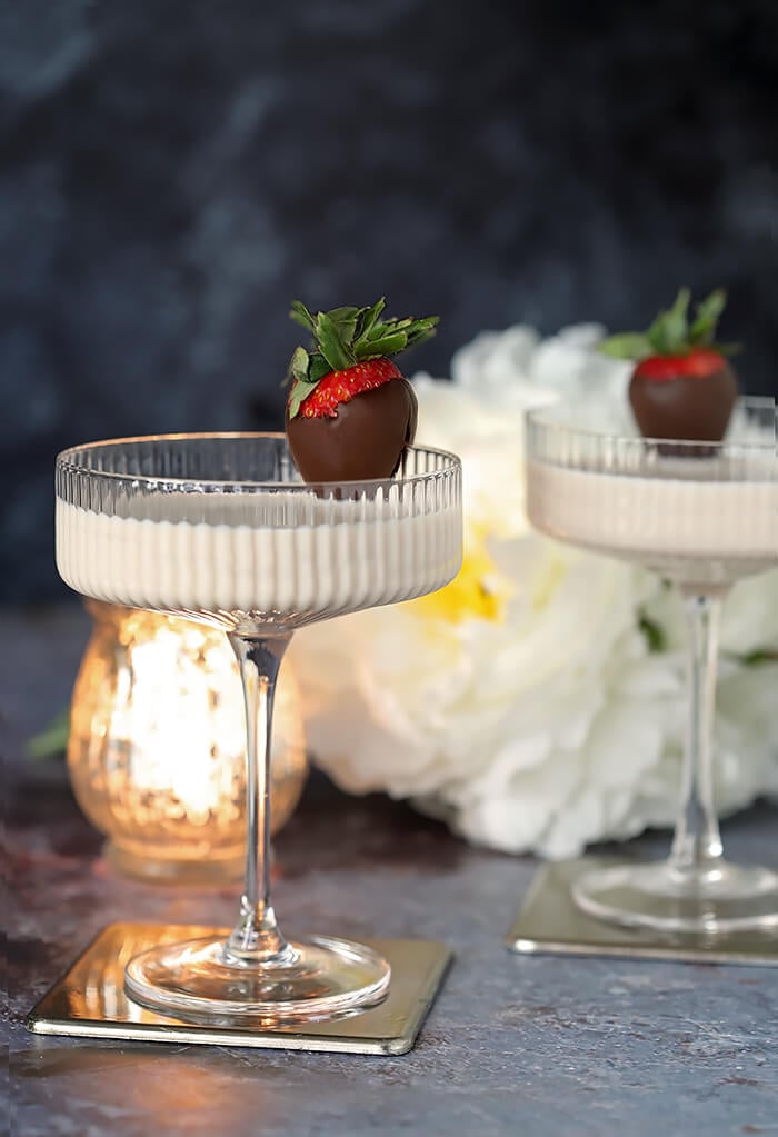 Disaranno Velvet White Espresso Martini Cocktail Garnished with Chocolate Covered Strawberry