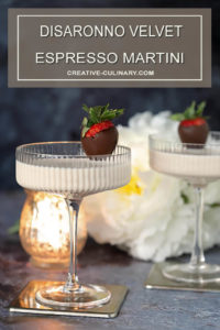 Disaronno Velvet Espresso Martini Cocktail Velvet White Espresso Martini Cocktail Garnished with Chocolate Covered Strawberry