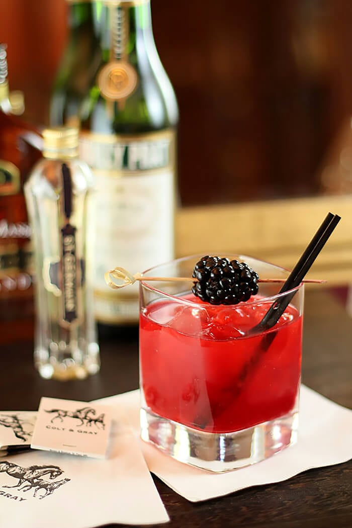 Vodka, Blackberry, and St Germain Cocktail in Square Glass