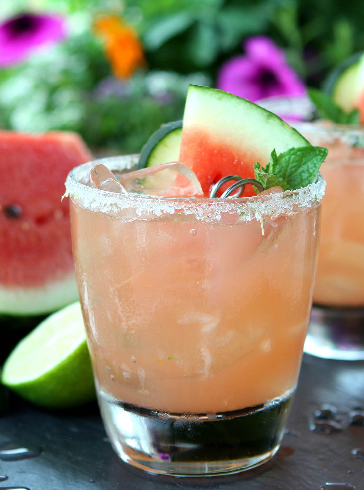 Watermelon, Cucumber, and Lime Muddled in a Cocktail with Vodka