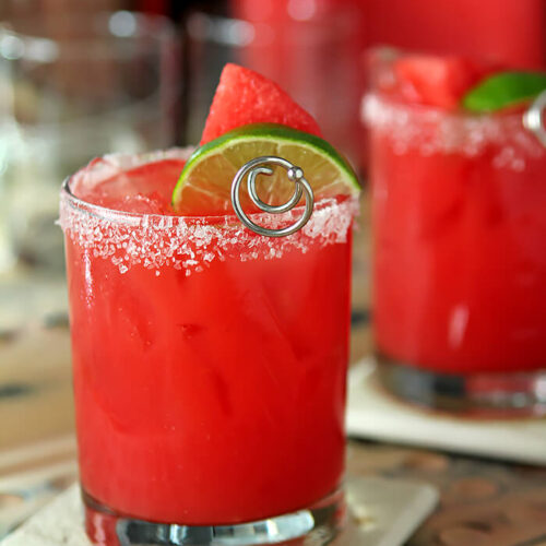 Watermelon Margarita Garnished with Lime Wedge