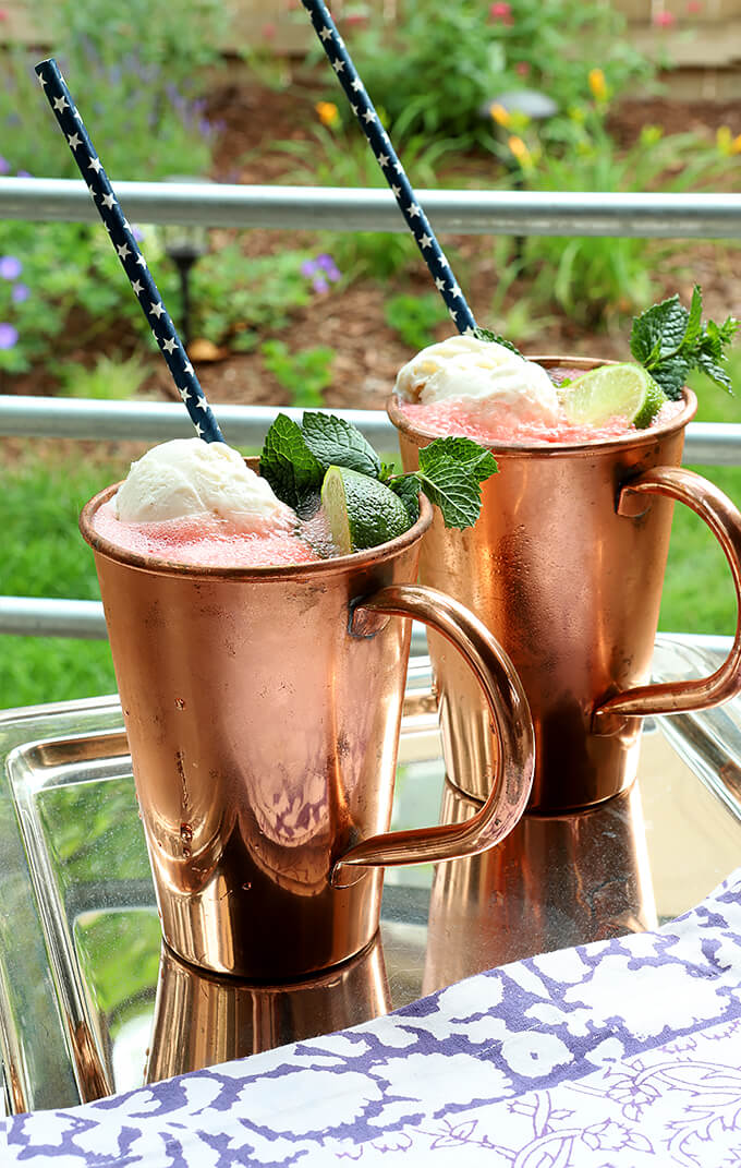 Two Watermelon Moscow Mule Floats in Copper Cups