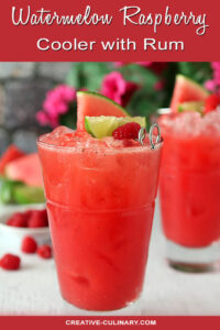 Watermelon Raspberry Cooler Cocktail with Rum Garnished with Three Fruits