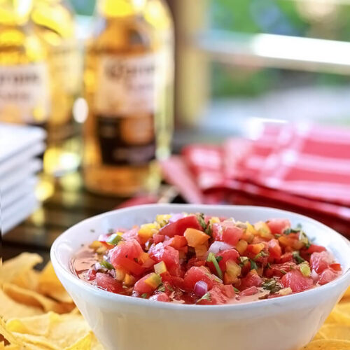 Watermelon Salsa is fresh, with a hint of sweet and heat and so beautiful served in a white bowl.