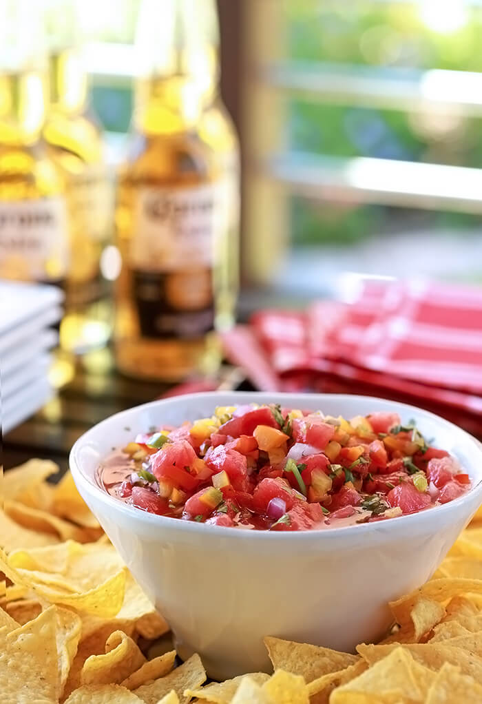 Watermelon Salsa is fresh, with a hint of sweet and heat and so beautiful served in a white bowl.