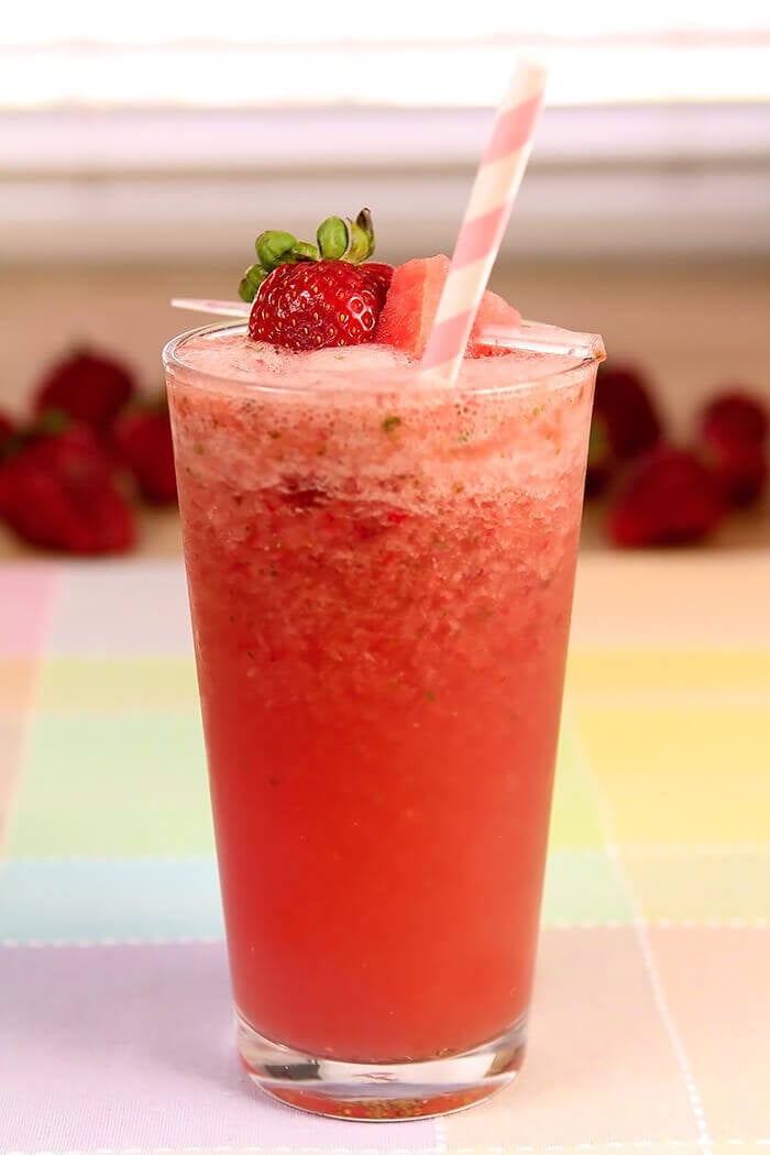 Strawberry Watermelon Smoothie with Basil with Strawberry and Basil Garnish